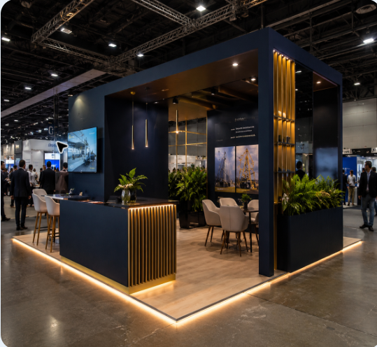 Stand premium com estrutura arquitetônica, iluminação e área de atendimento em feira